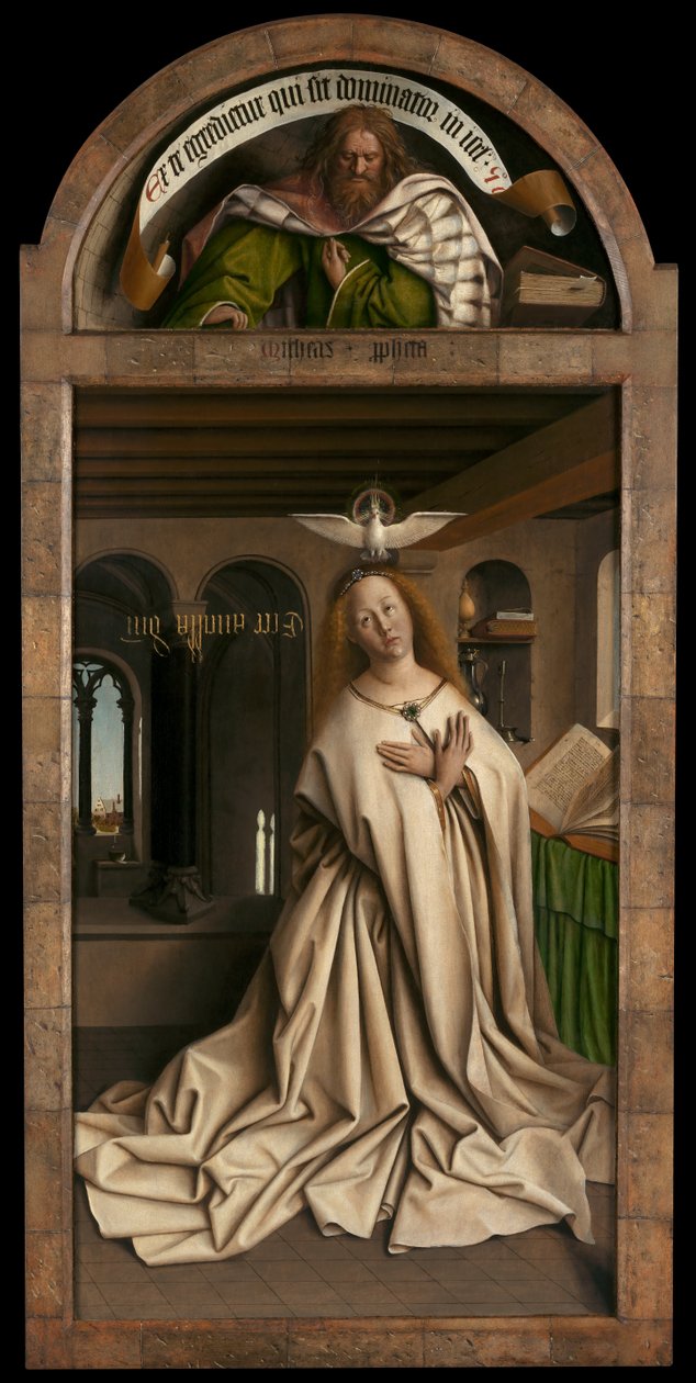 Lunet: De profeet Micha. Onderpaneel: Maagd Annunciate, van de buitenkant van het rechterpaneel van het Gentse altaarstuk door Hubert & Jan van (1390 1441) Eyck