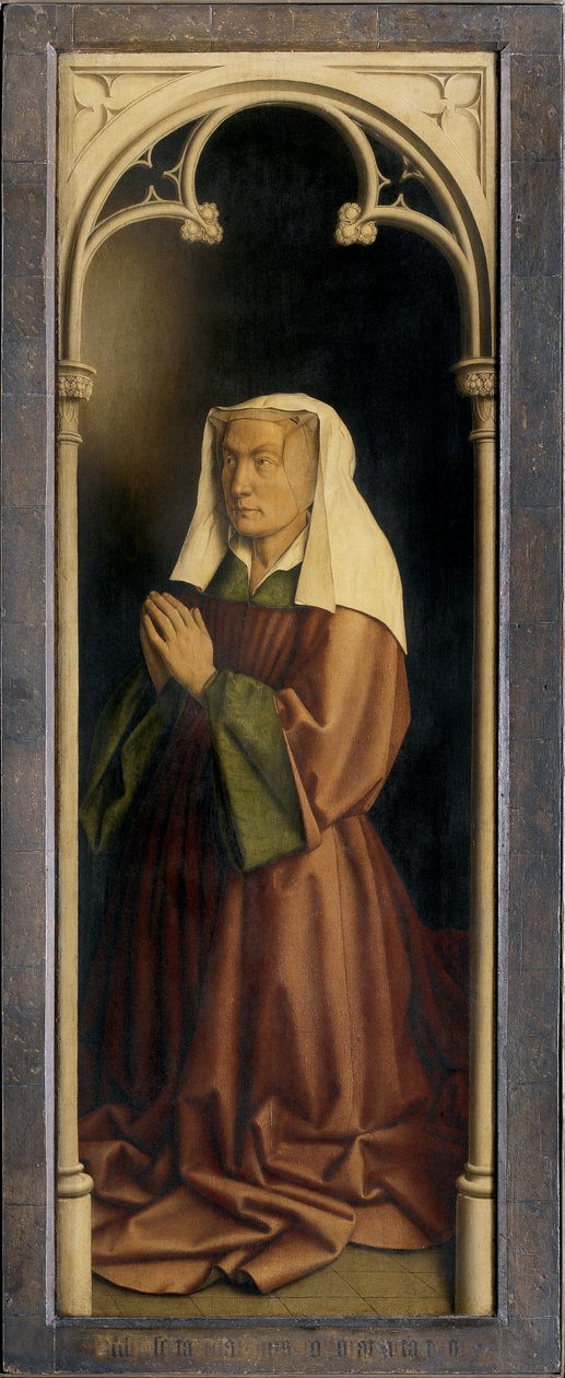 Lysbette Borluut, detail van het gesloten Gentse altaarstuk door Hubert & Jan van (1390-1441) Eyck