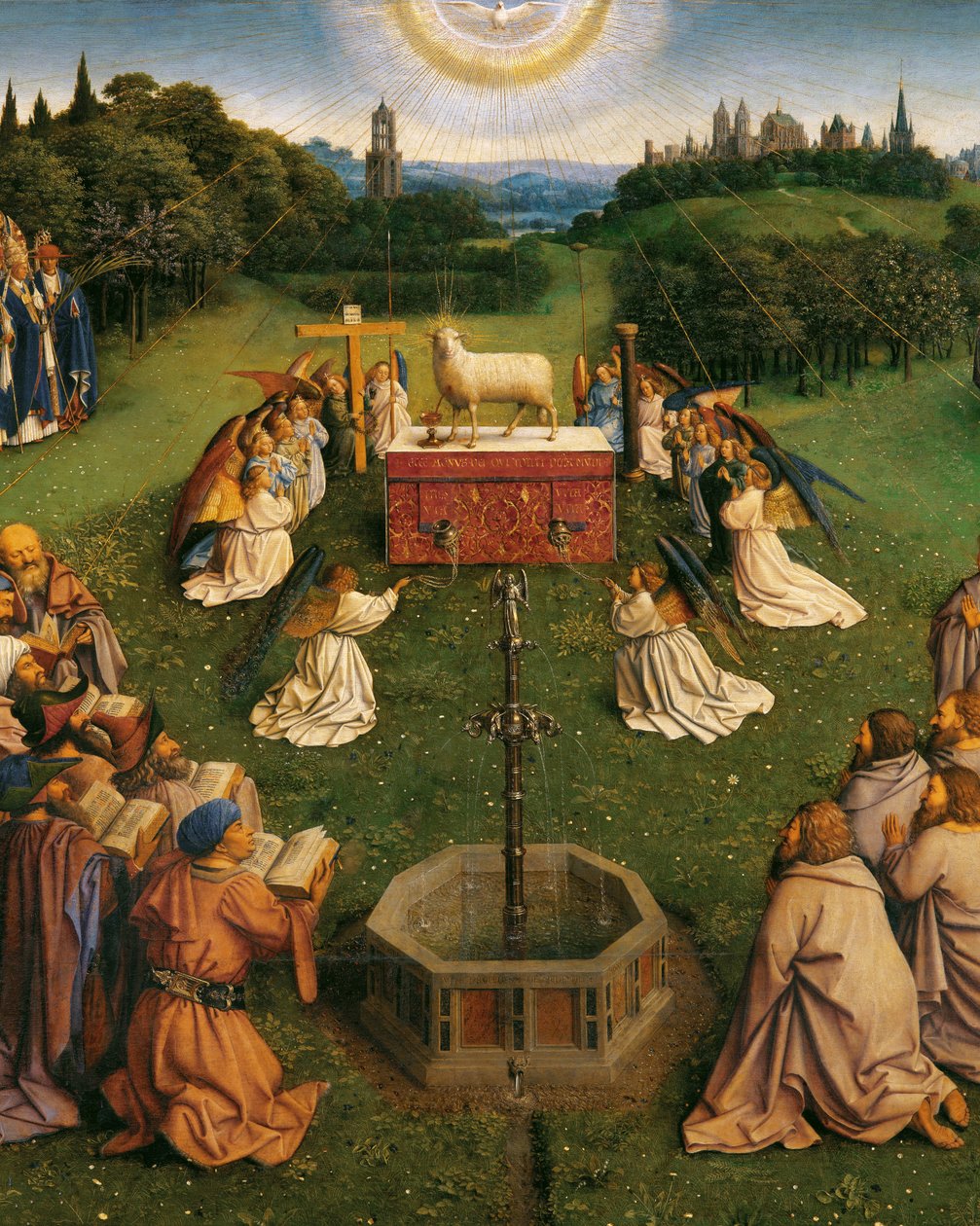De Aanbidding van het Mystieke Lam, van het Lam Gods, detail van onderste helft van het centrale paneel door Hubert & Jan van (1390 1441) Eyck