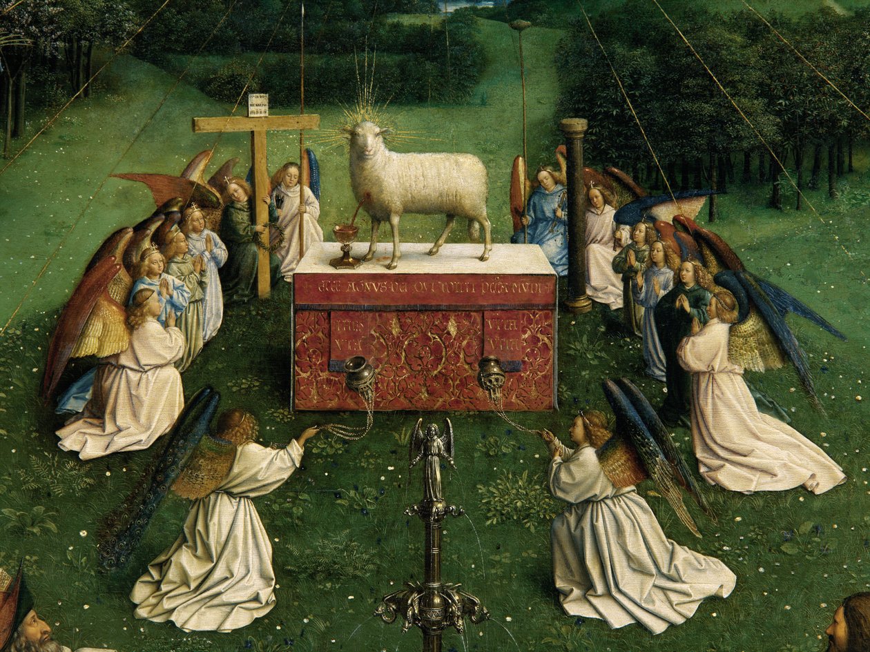 De Aanbidding van het Mystieke Lam, van het Lam Gods, detail van onderste helft van het centrale paneel door Hubert & Jan van (1390 1441) Eyck