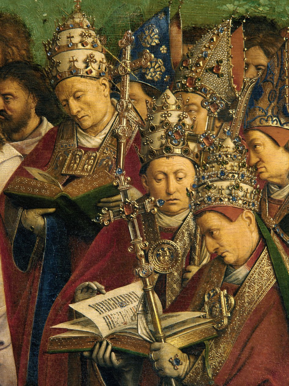 De aanbidding van het mystieke lam, detail van de onderste helft van het centrale paneel van het Gentse altaarstuk door Hubert & Jan van (1390 1441) Eyck