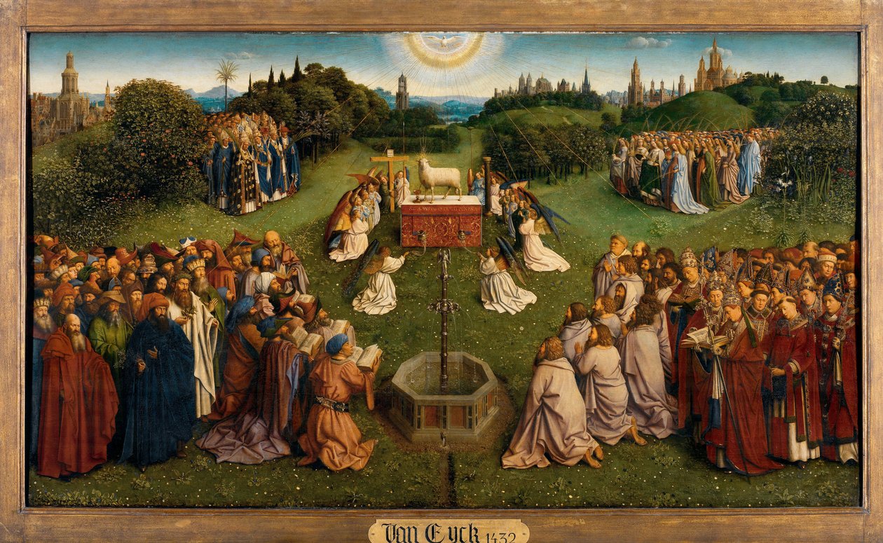 De Aanbidding van het Mystieke Lam, van het Lam Gods, onderste helft van het centrale paneel door Hubert & Jan van (1390 1441) Eyck