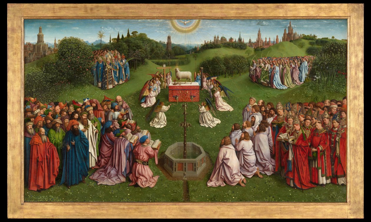 De aanbidding van het mystieke lam, uit het Gentse altaarstuk, onderste helft van het centrale paneel door Hubert & Jan van (1390-1441) Eyck