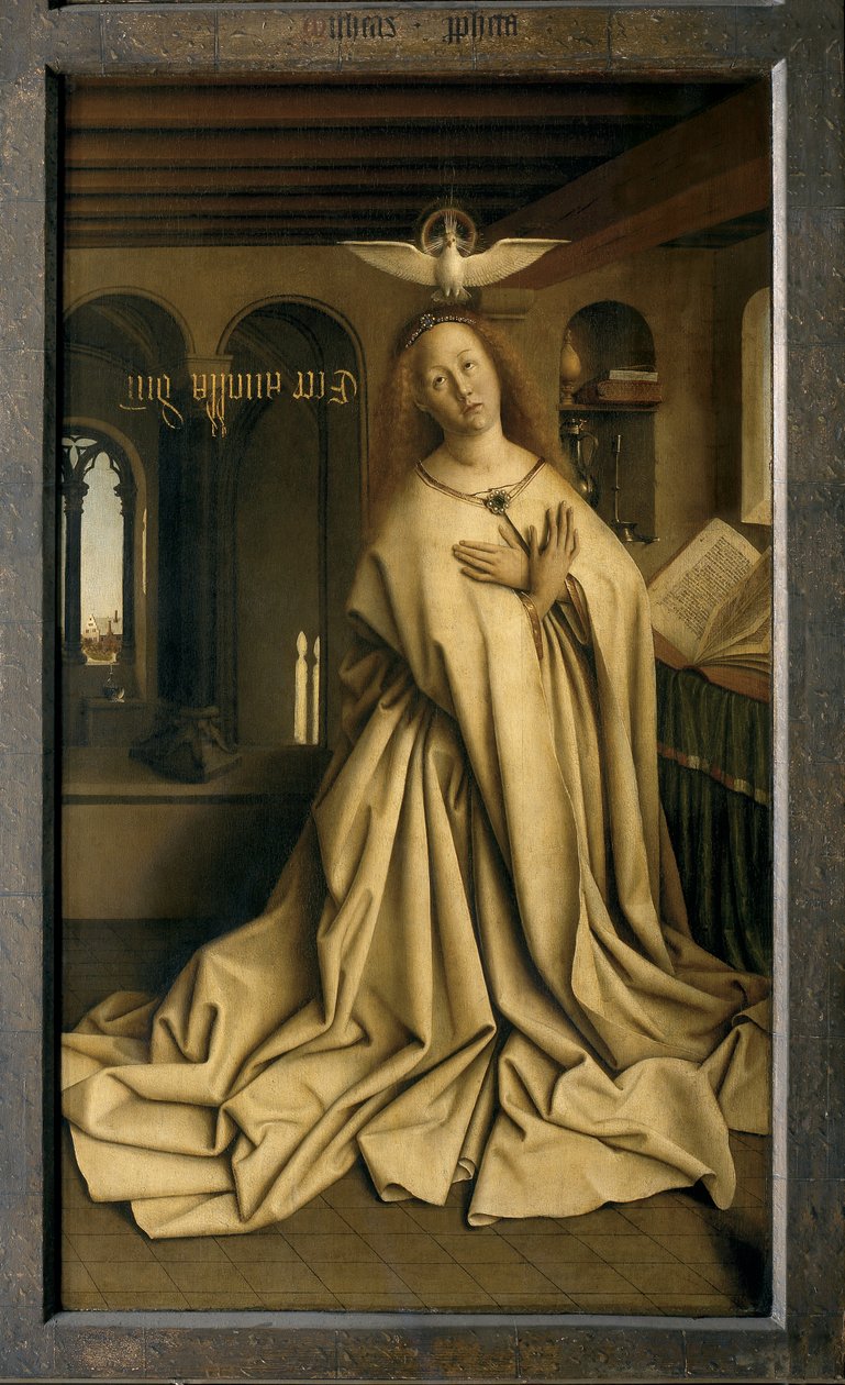 De engel Gabriël brengt de boodschap aan Maria, detail van het gesloten Gentse altaarstuk door Hubert & Jan van (1390 1441) Eyck