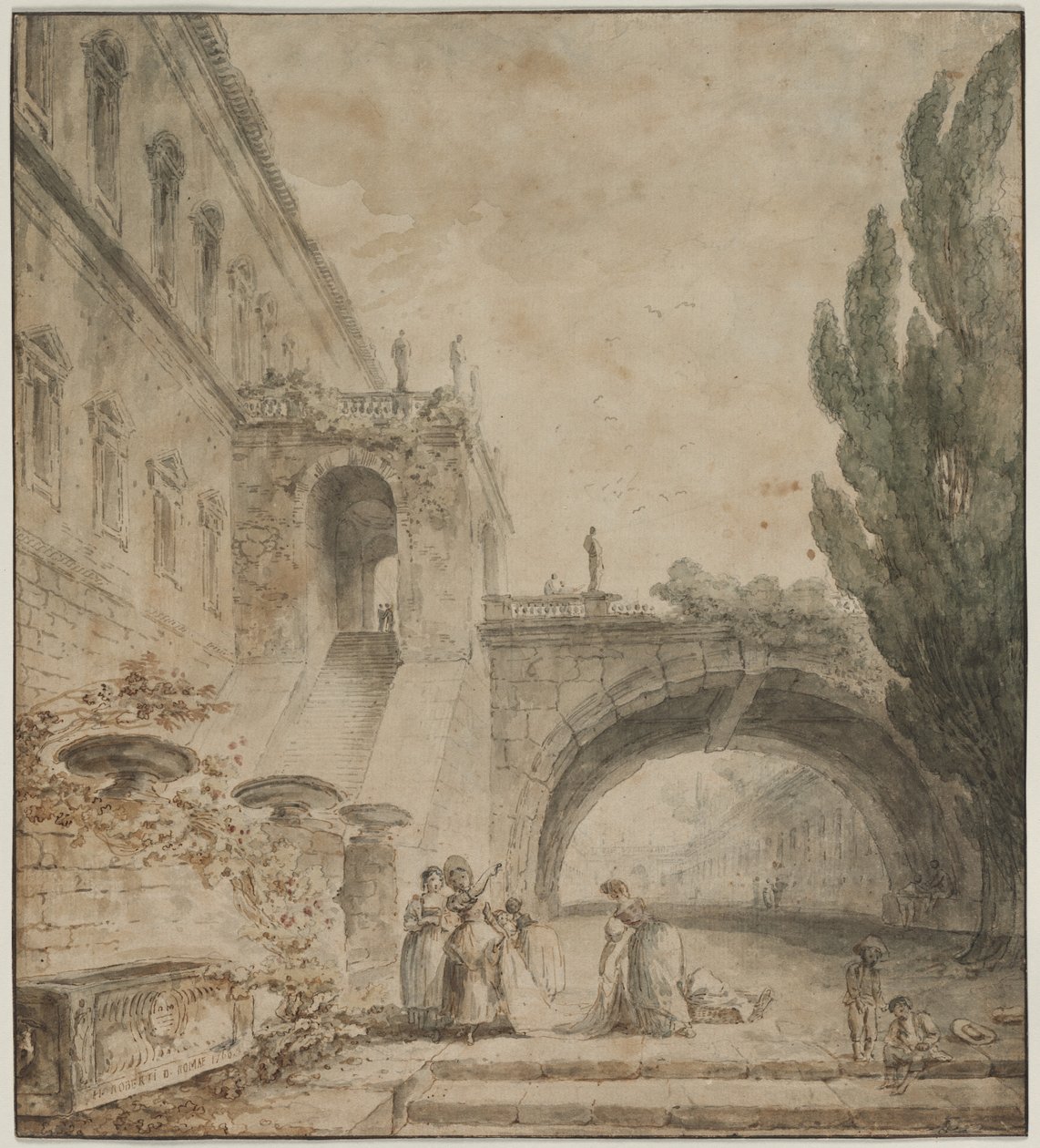 Een paleis met een gebogen brug Een Romeinse villa, 1760 door Hubert Robert