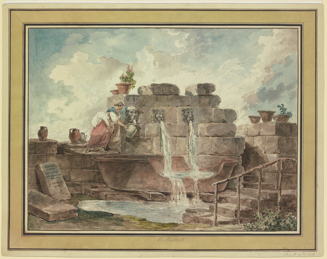 Een Romeinse fontein met een vrouw die water haalt door Hubert Robert