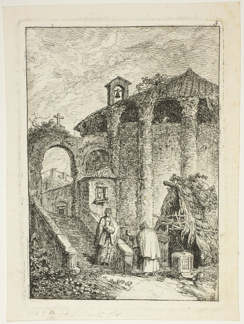 Oude tempel, plaat vijf uit Les Soirées de Rome door Hubert Robert