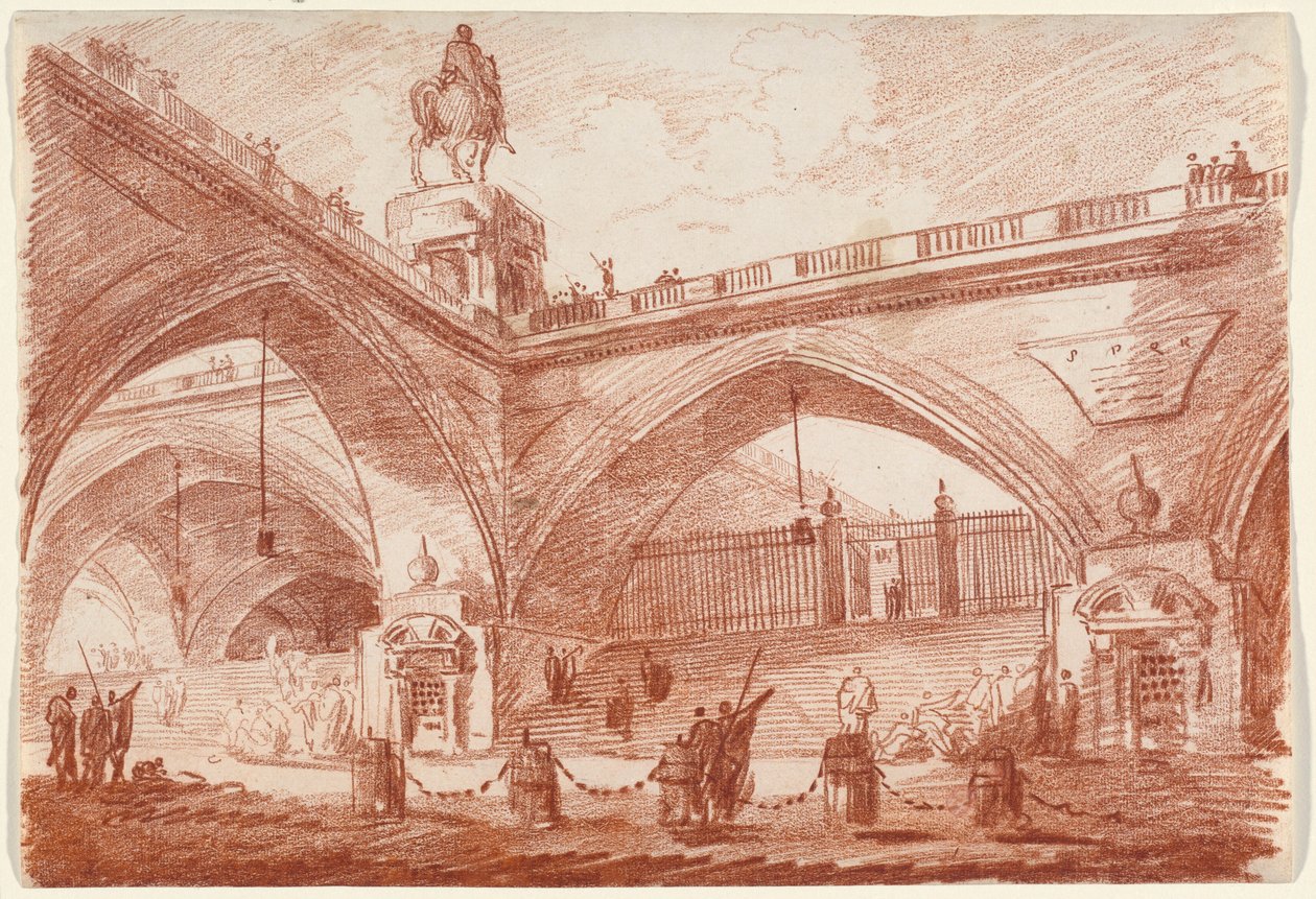 Architectonische fantasie met een triomfbrug door Hubert Robert