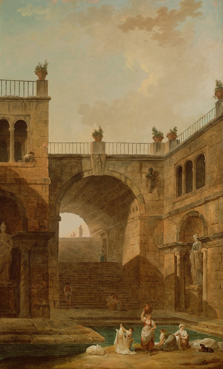 Architectonische scène met vrouwen die kleren wassen bij een poel door Hubert Robert