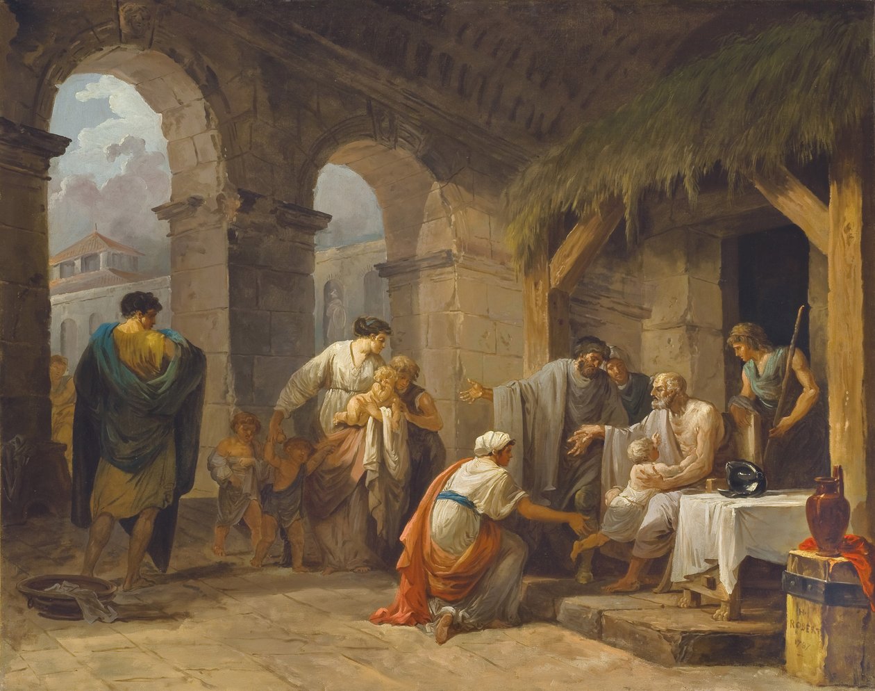 Belisarius ontvangt de gastvrijheid van een boer die onder zijn bevel heeft gewerkt, 1787 door Hubert Robert
