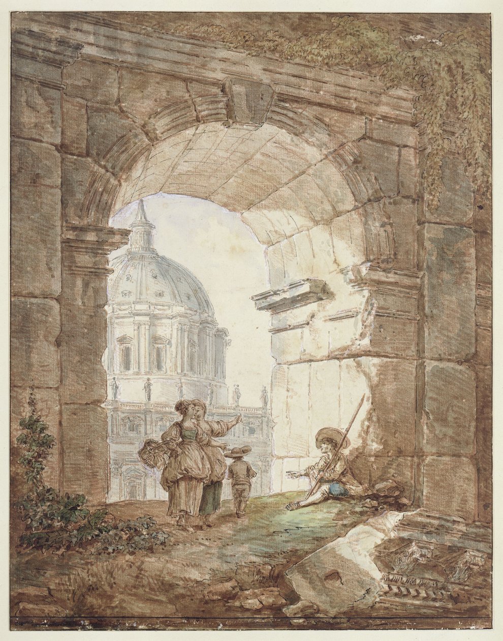 Uitzicht op de Sint-Pietersbasiliek in Rome (architectonisch capriccio) door Hubert Robert
