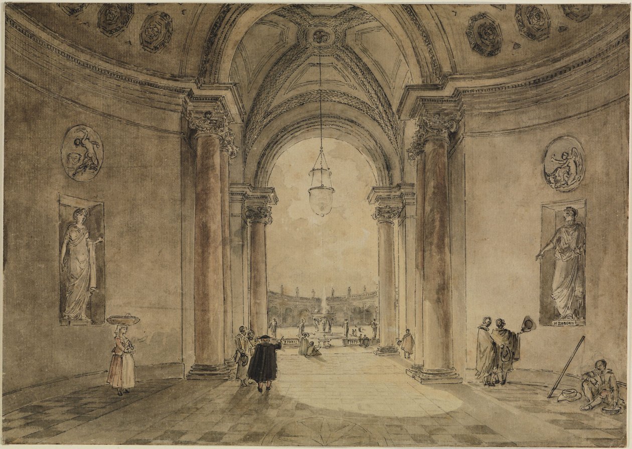 Doorkijk door het atrium van het casino naar het tuinparterre van Villa Albani door Hubert Robert