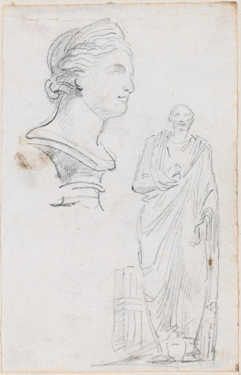 Borstbeeld van een Romeinse vrouw en standbeeld van een Romeinse man door Hubert Robert