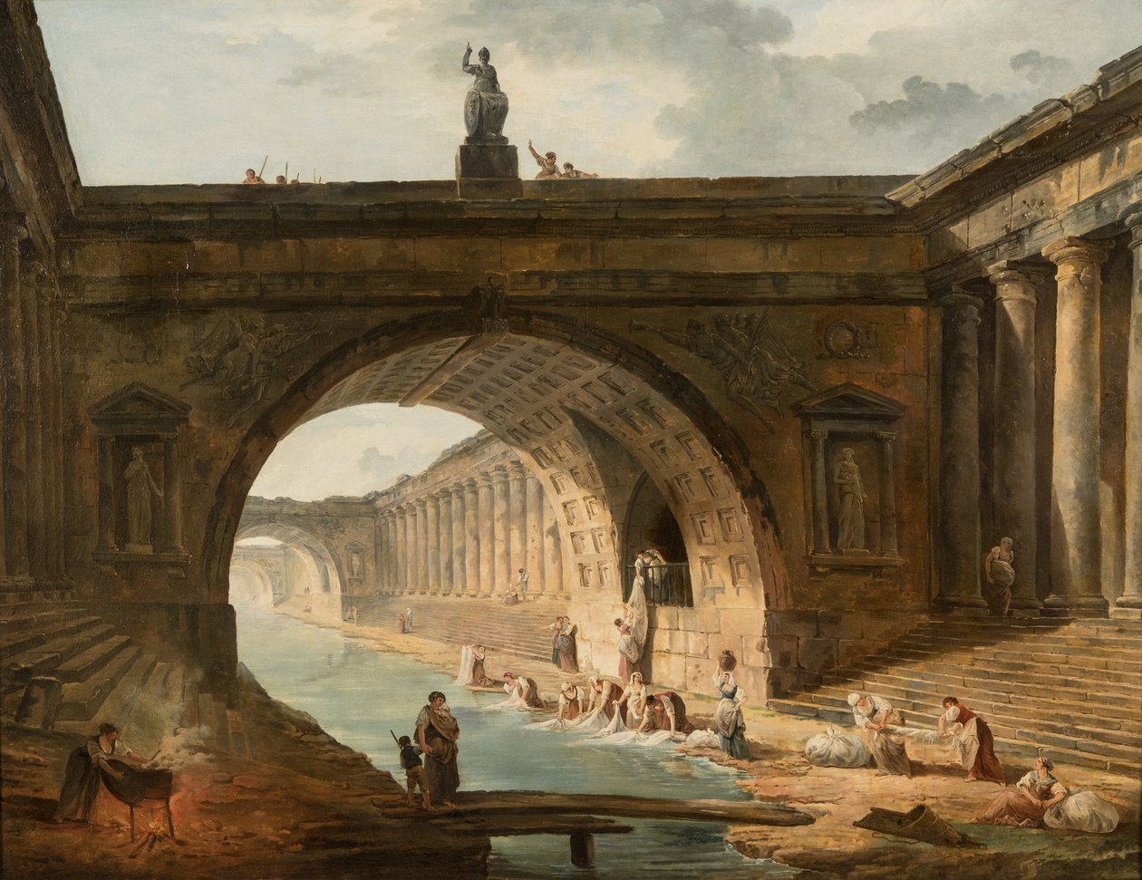 Capriccio met wasvrouwen aan een kanaal door Hubert Robert