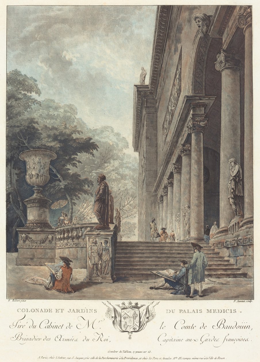Colonnade en tuinen van het Palazzo Medici (Colonnade en tuinen van het Medici-paleis) door Hubert Robert