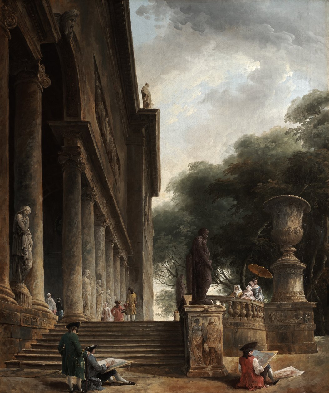 Zuilengang en tuinen bij Villa Mancini door Hubert Robert