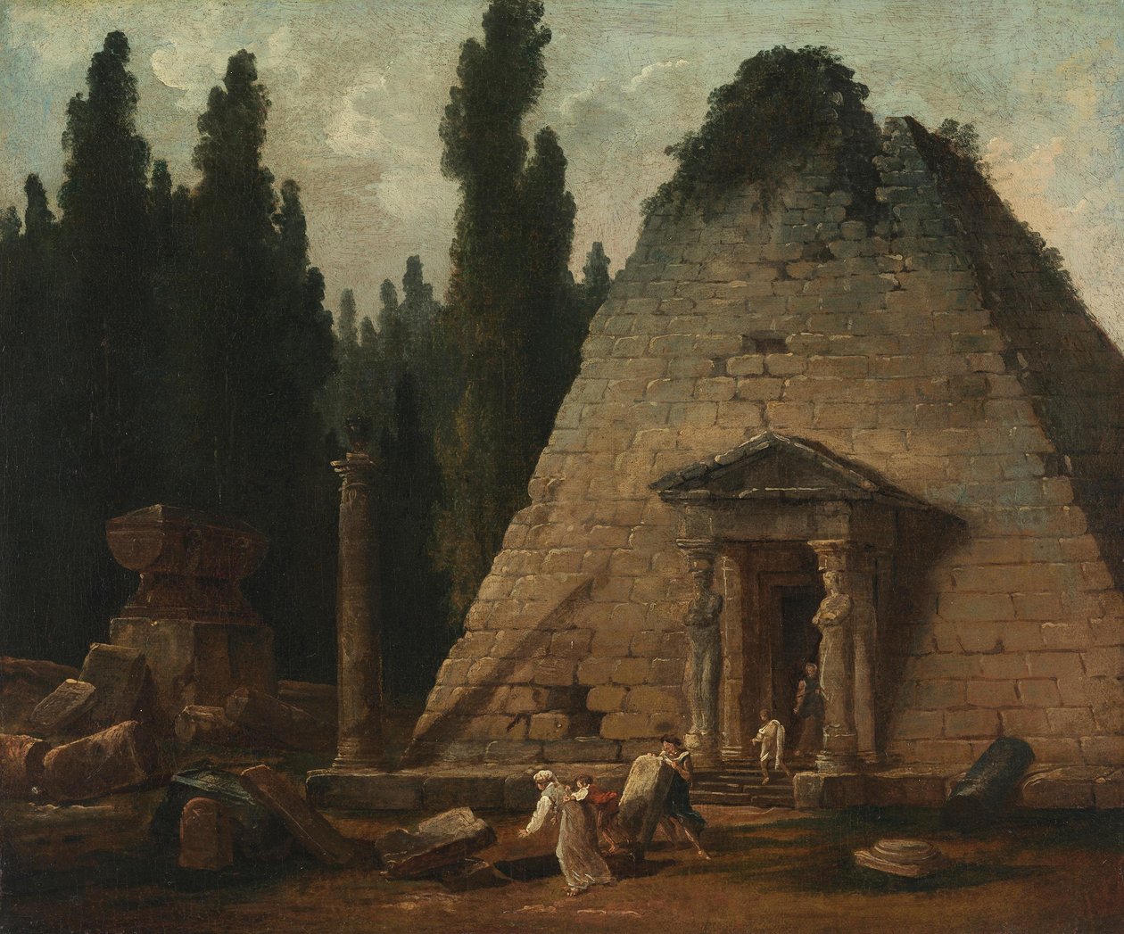 De piramide in het park van Mauperthuis door Hubert Robert