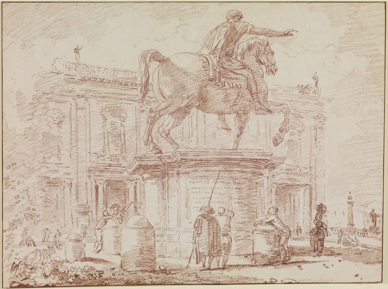 Het ruiterstandbeeld van Marcus Aurelius en het Palazzo dei Conservatori in Rome door Hubert Robert