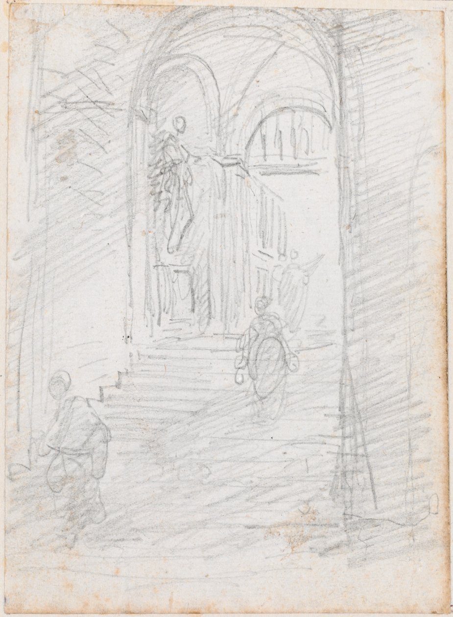 Figuren op een Monumentale Interne Trap [recto] door Hubert Robert
