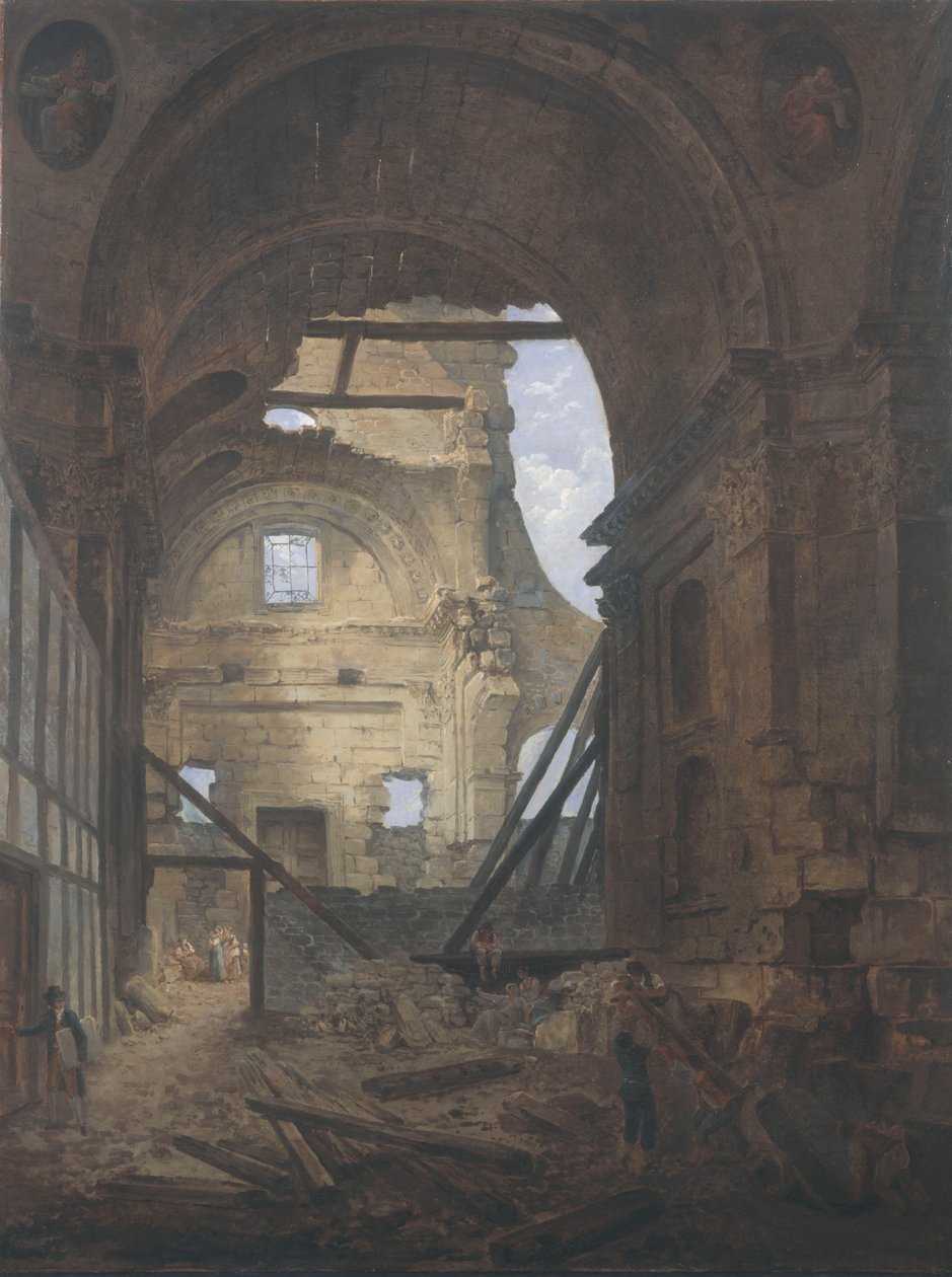 Frans: La chapelle de la Sorbonne avec la voûte de la nef effondrée Kerk van de Sorbonne in ruïnes door Hubert Robert