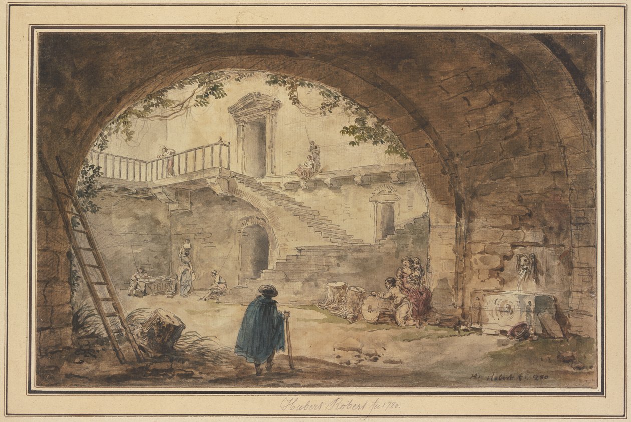 Gewelf met een antieke fontein en uitzicht op een trap door Hubert Robert