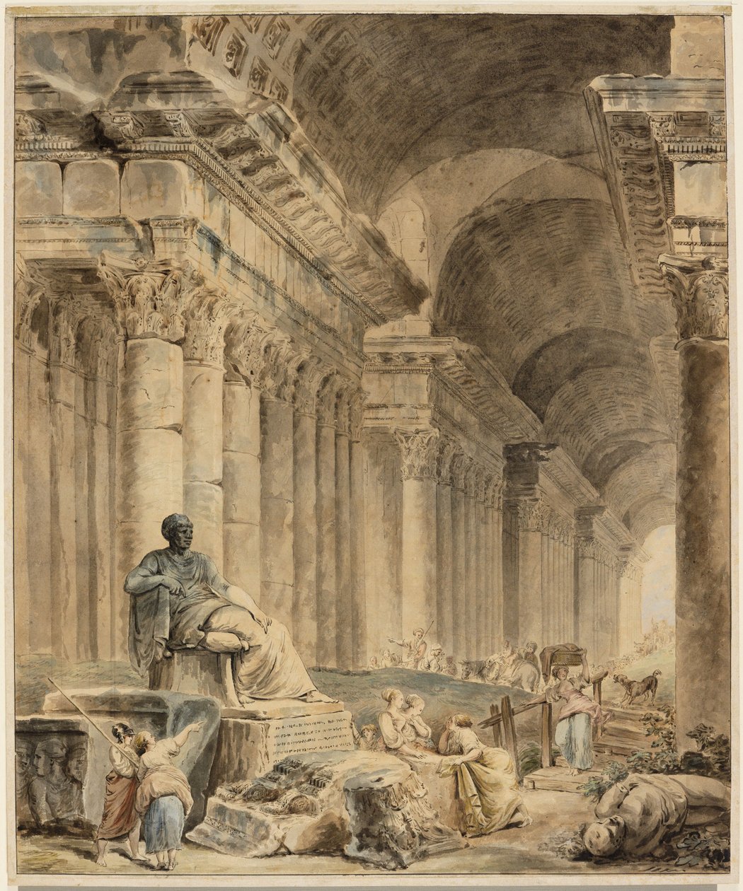 Gewelfde zuilengalerij met een antiek zittend beeld door Hubert Robert