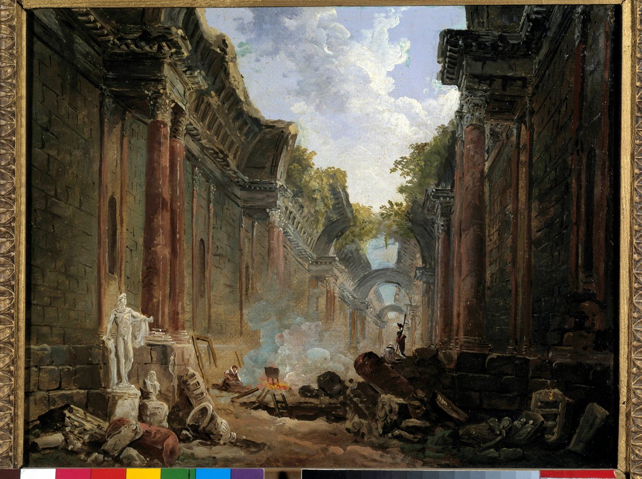 Denkbeeldig uitzicht op de Grande Galerie du Louvre in ruïnes door Hubert Robert