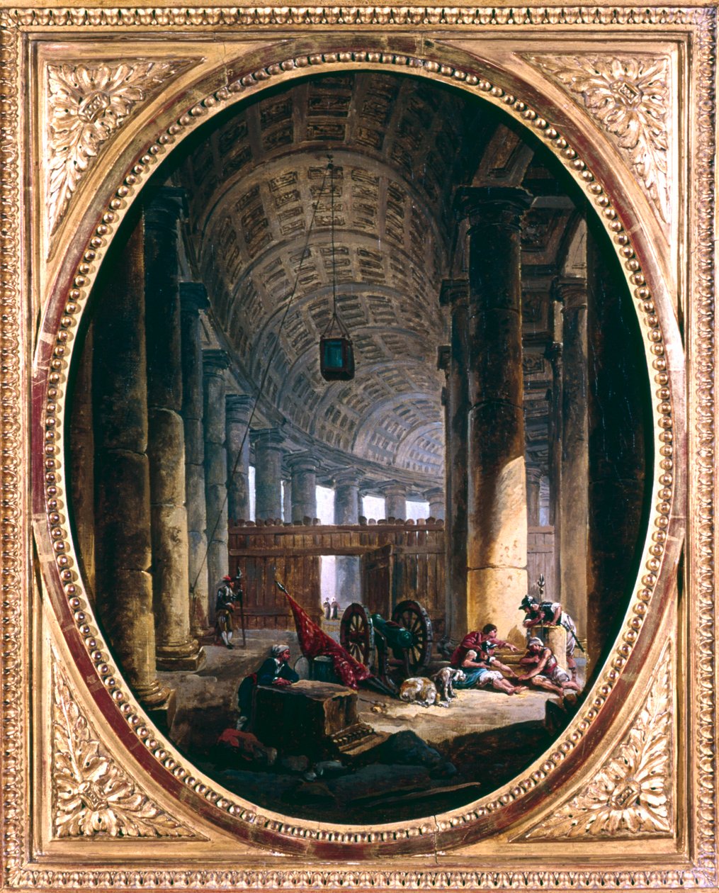 Interieur van de colonnade van Sint-Pieter, Rome, ten tijde van het conclaaf van 1769 door Hubert Robert