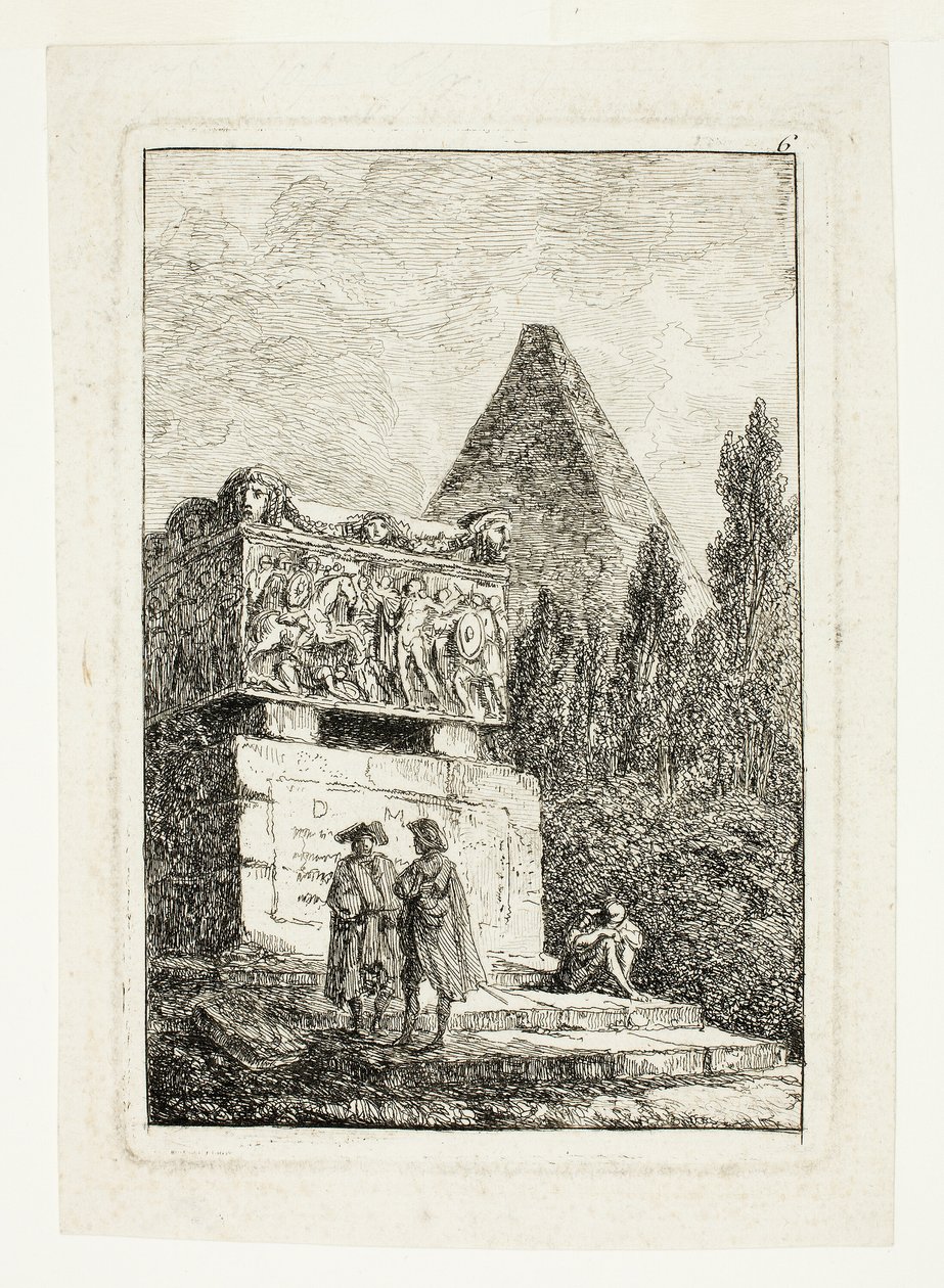 Landschap met piramide en sarcofaag, plaat zes uit Les Soirées de Rome door Hubert Robert