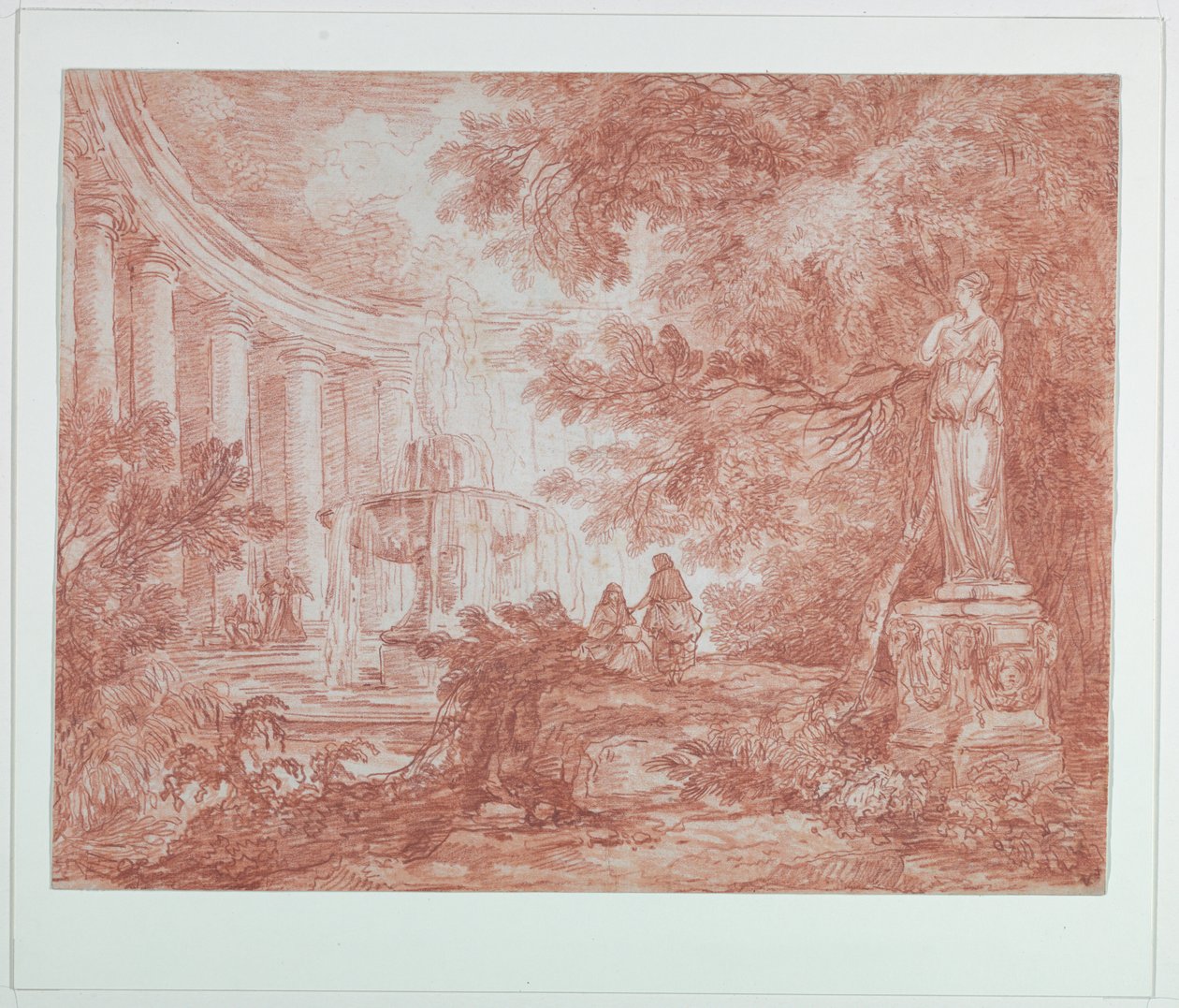 Park met fontein en standbeeld door Hubert Robert