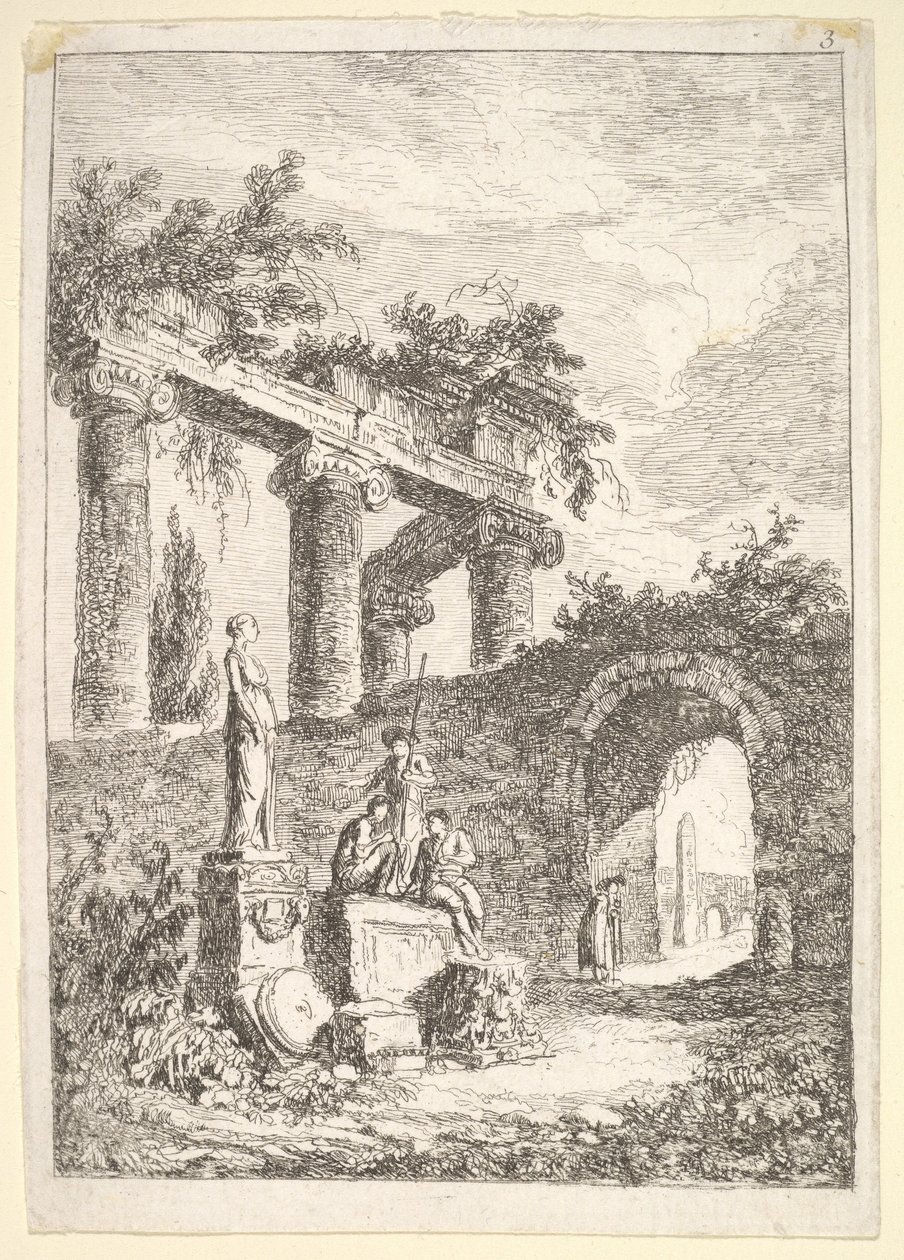 Plaat 3: Het Standbeeld Voor de Ruïnes: een standbeeld links naast drie figuren op een p..., ca. 1763-64 door Hubert Robert