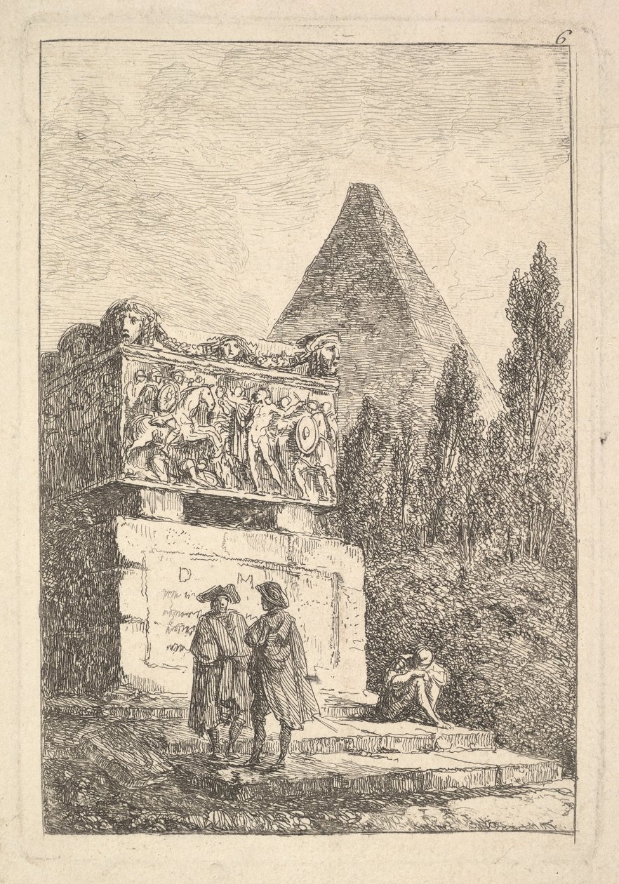 Plaat 6: De Sarcofaag: twee mannen in gesprek naar links, een andere man zittend en slap..., ca. 1763-64 door Hubert Robert