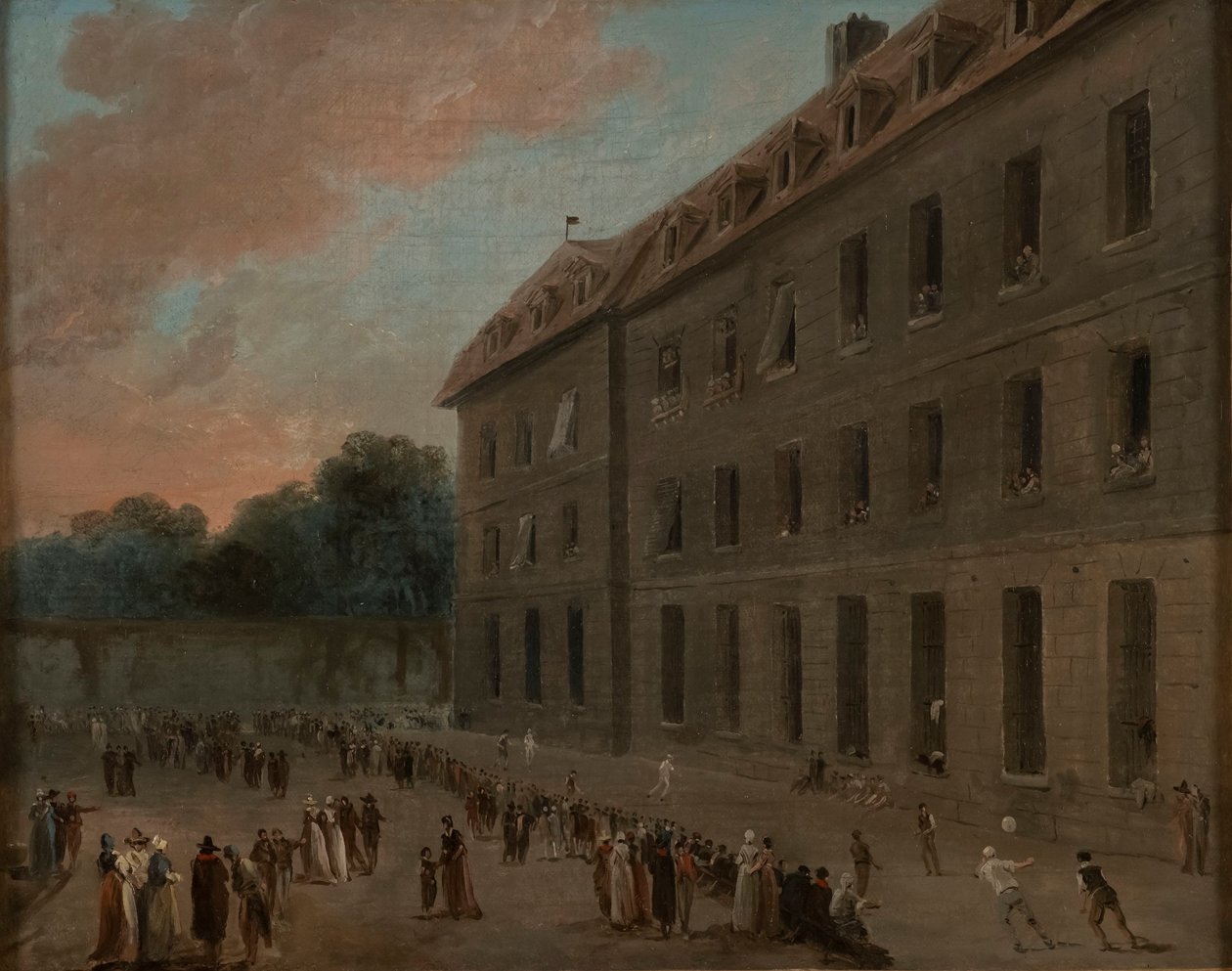Recreatie van de gevangenen in Saint-Lazare: het balspel door Hubert Robert