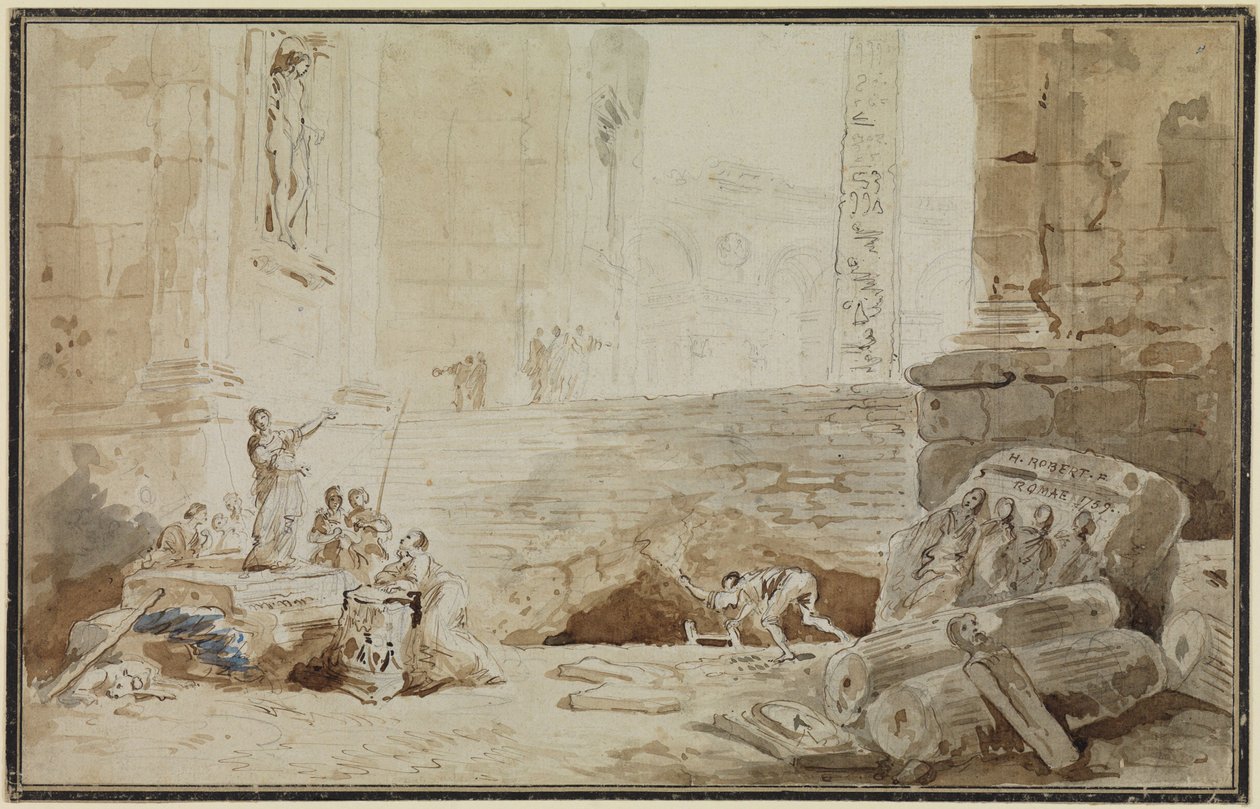Romeins capriccio met een straatzangeres door Hubert Robert