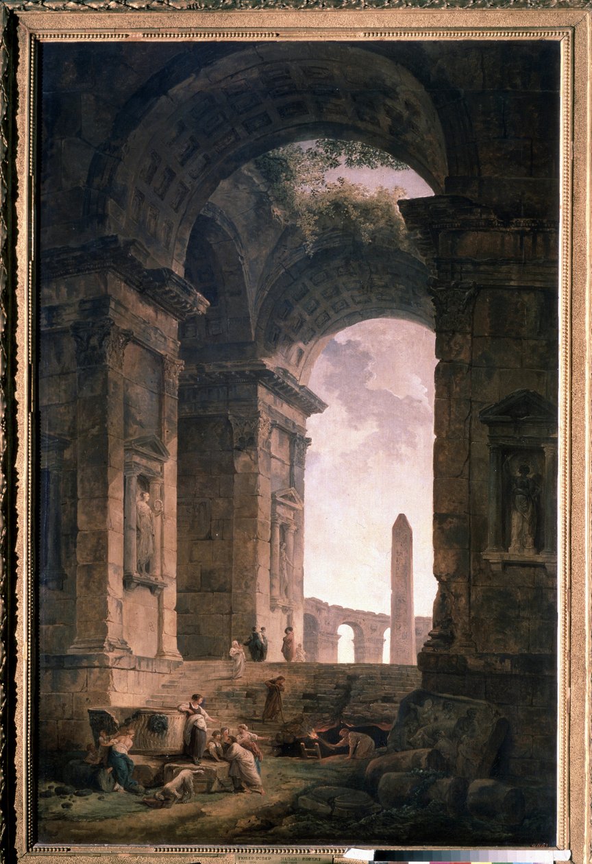 Ruïnes met een obelisk door Hubert Robert