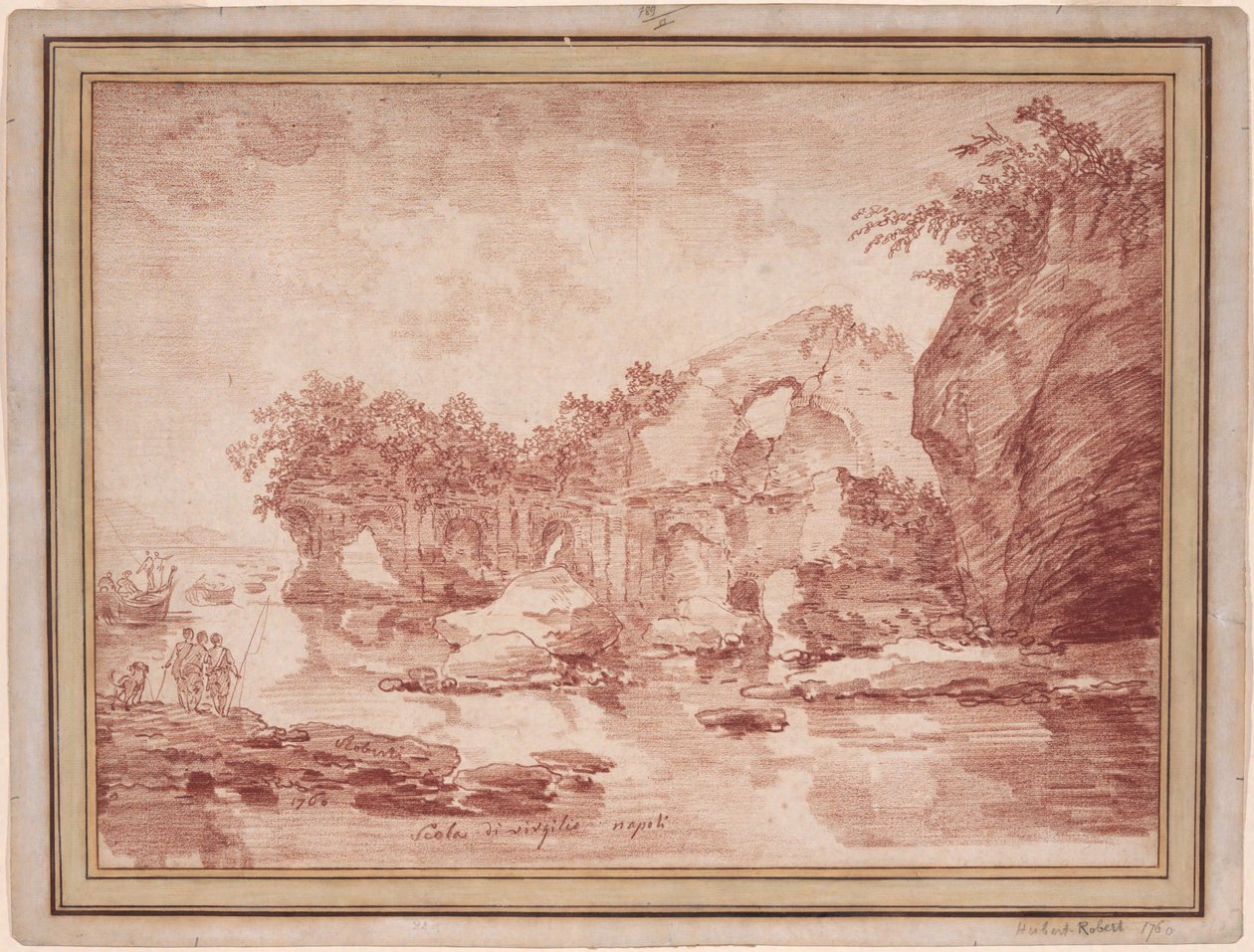 Ruïnes aan zee bij Napels: de "Scola di Virgilio" door Hubert Robert