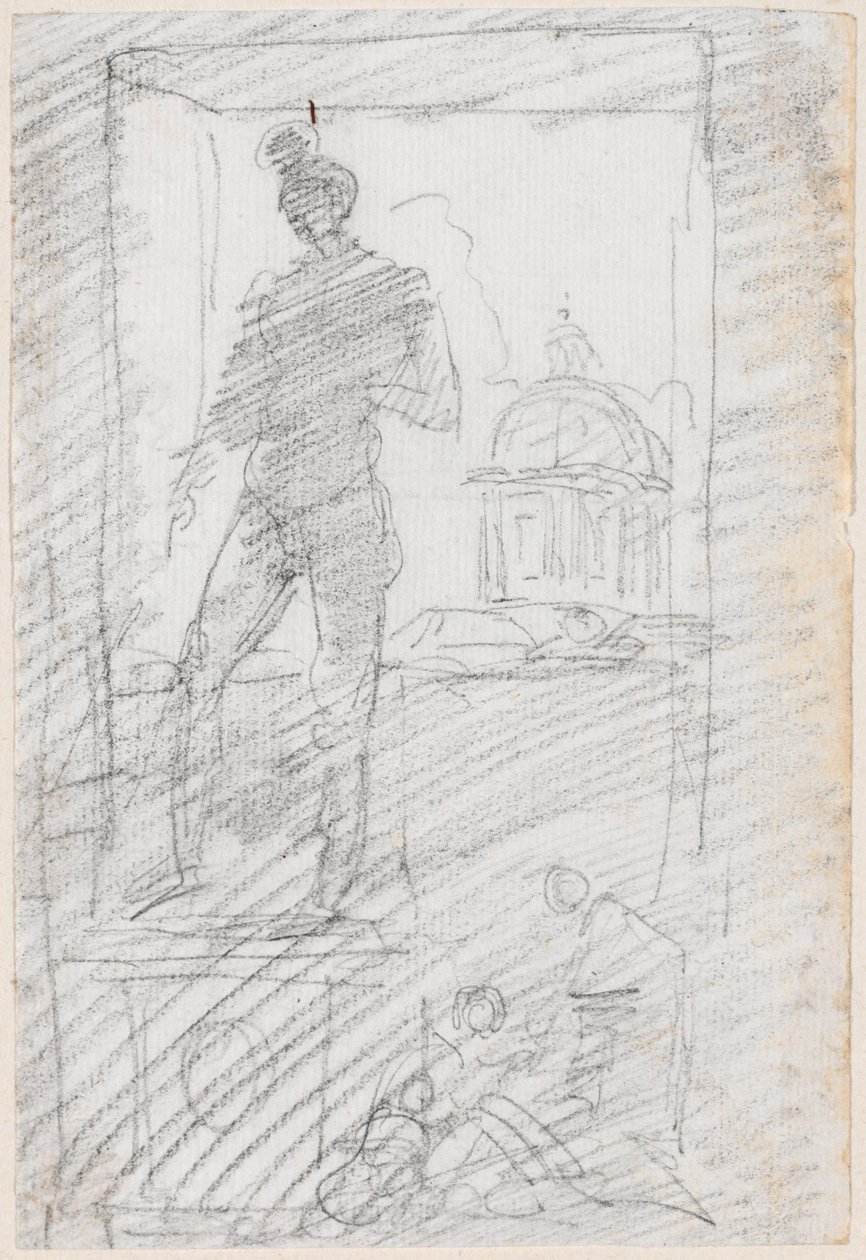 Standbeeld van een naakt voor een raamzicht door Hubert Robert