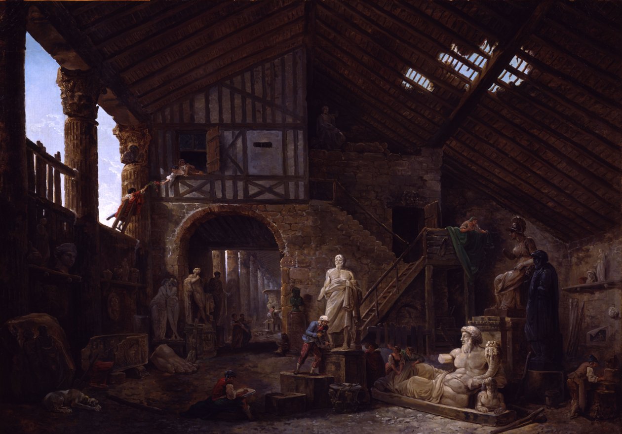Atelier van een restaurateur van antieke voorwerpen in Rome door Hubert Robert
