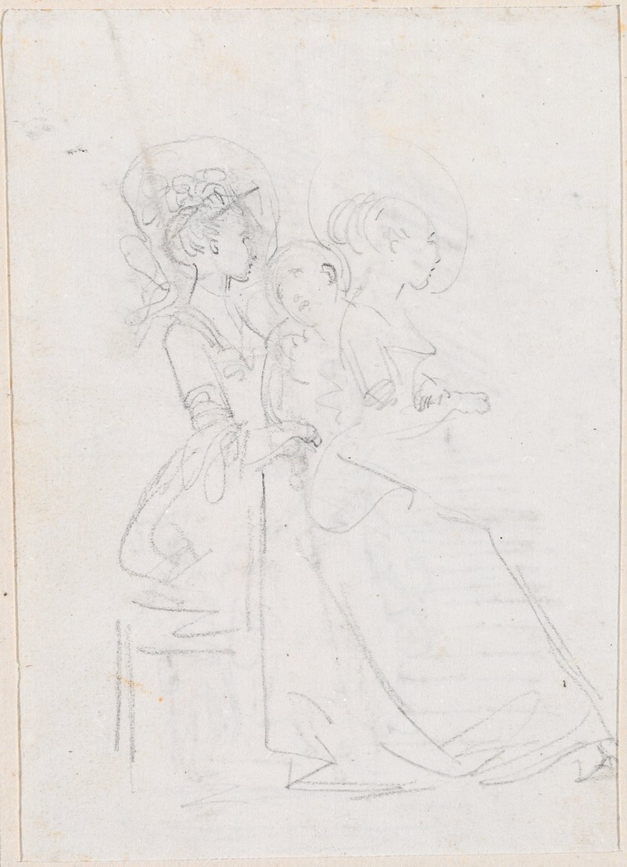 Twee zittende vrouwen met mannelijke figuur tussen hen [verso] door Hubert Robert