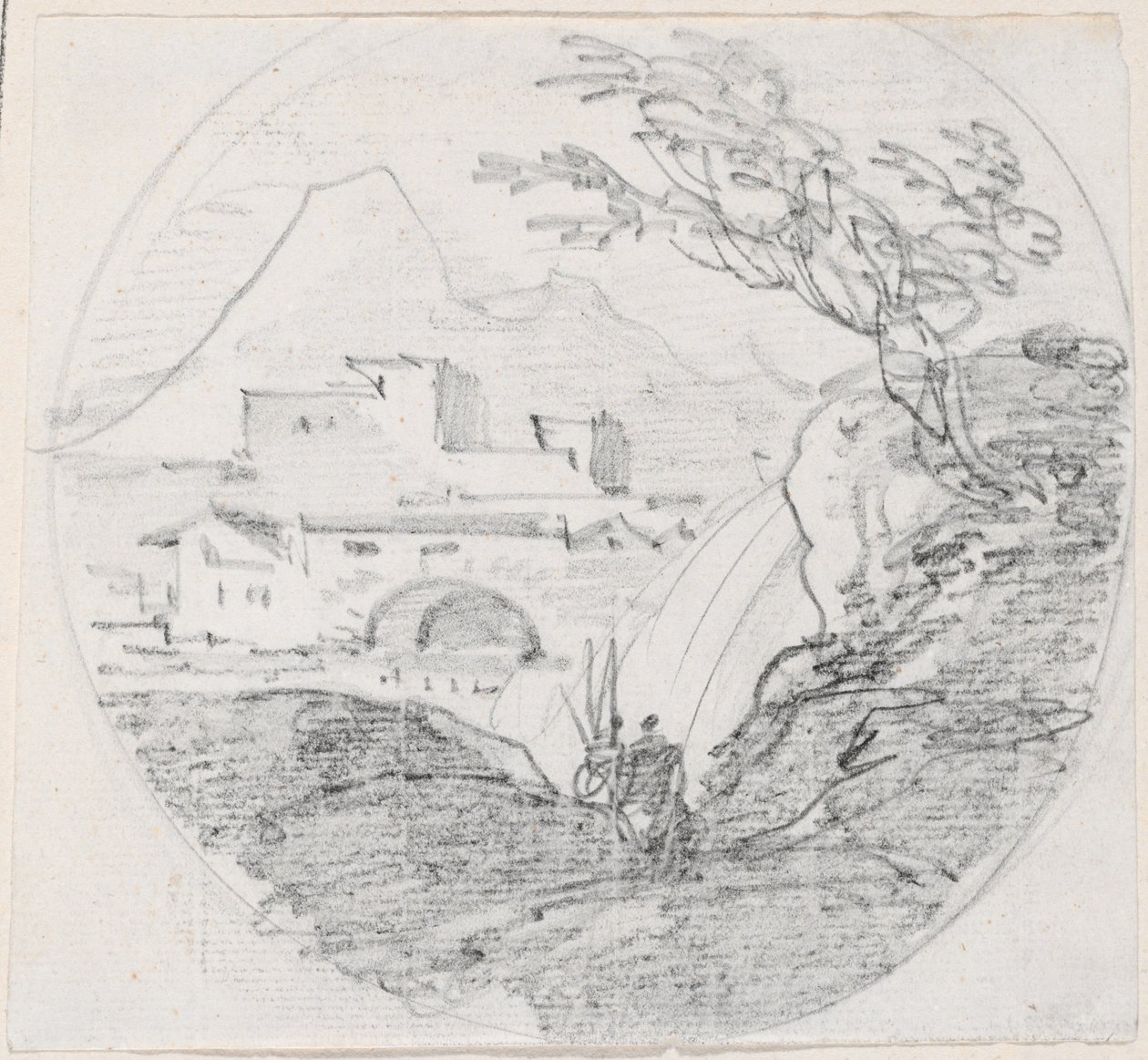 Uitzicht vanaf een Rug naar een Dorp en Verre Berg door Hubert Robert