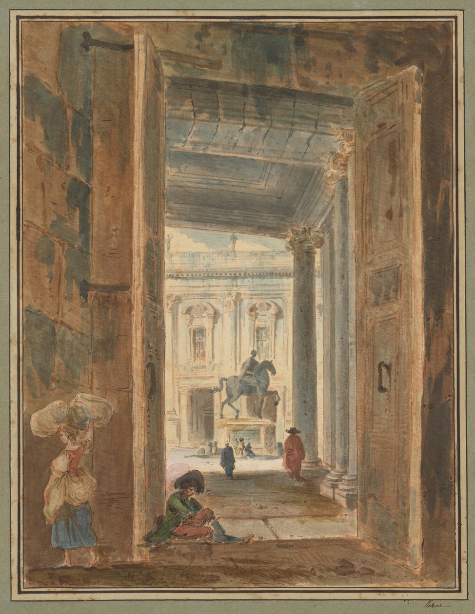 Gezicht op het Campidoglio met het standbeeld van Marcus Aurelius door Hubert Robert
