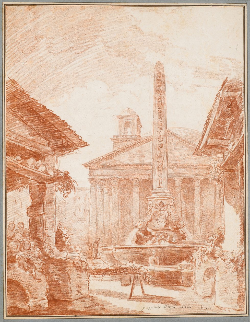 Uitzicht op de Piazza della Rotonda in Rome met de Tritons fontein en de gevel van het Pantheon door Hubert Robert