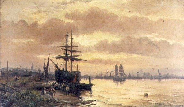 Vissersvolk aan de Oever van een Estuarium bij Zonsondergang door Hubert Thornley