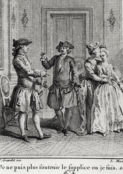 Ik kan de kwellingen hier niet meer verdragen waar ik ben, illustratie voor Eugénie door Beaumarchais, gegraveerd door Louis Joseph Masquelier (1741-1811) door Hubert after Gravelot