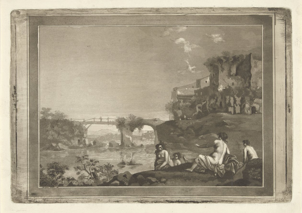 Landschap met badende nimfen door Hubertus van Hove