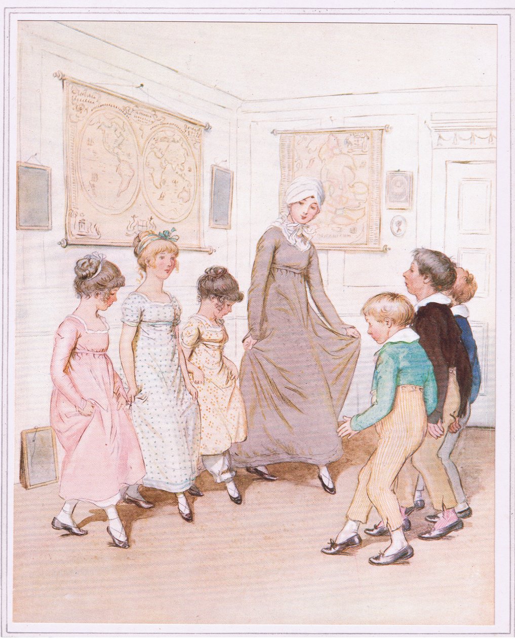 Juffrouw Phoebe geeft een dansles aan een half dozijn leerlingen en doet haar uiterste best. door Hugh Thomson