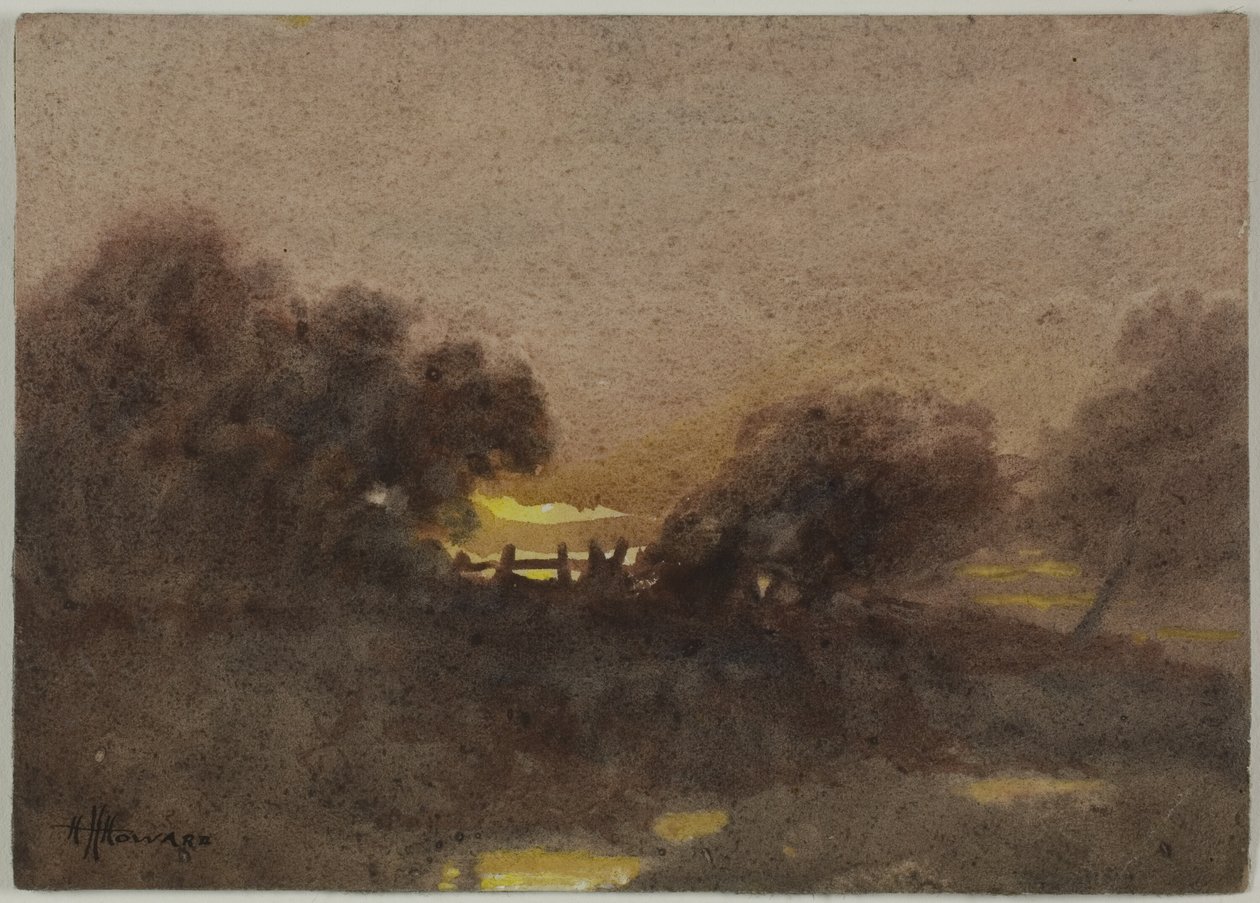 Landschap met poort bij zonsondergang door Hugh Huntington Howard
