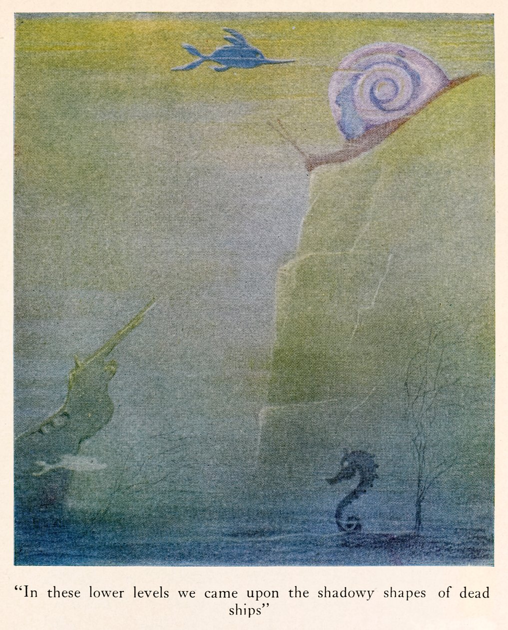 "Op deze lagere niveaus kwamen we de schaduwachtige vormen van dode schepen tegen" illustratie uit De Reizen van Dokter Dolittle door Hugh Lofting
