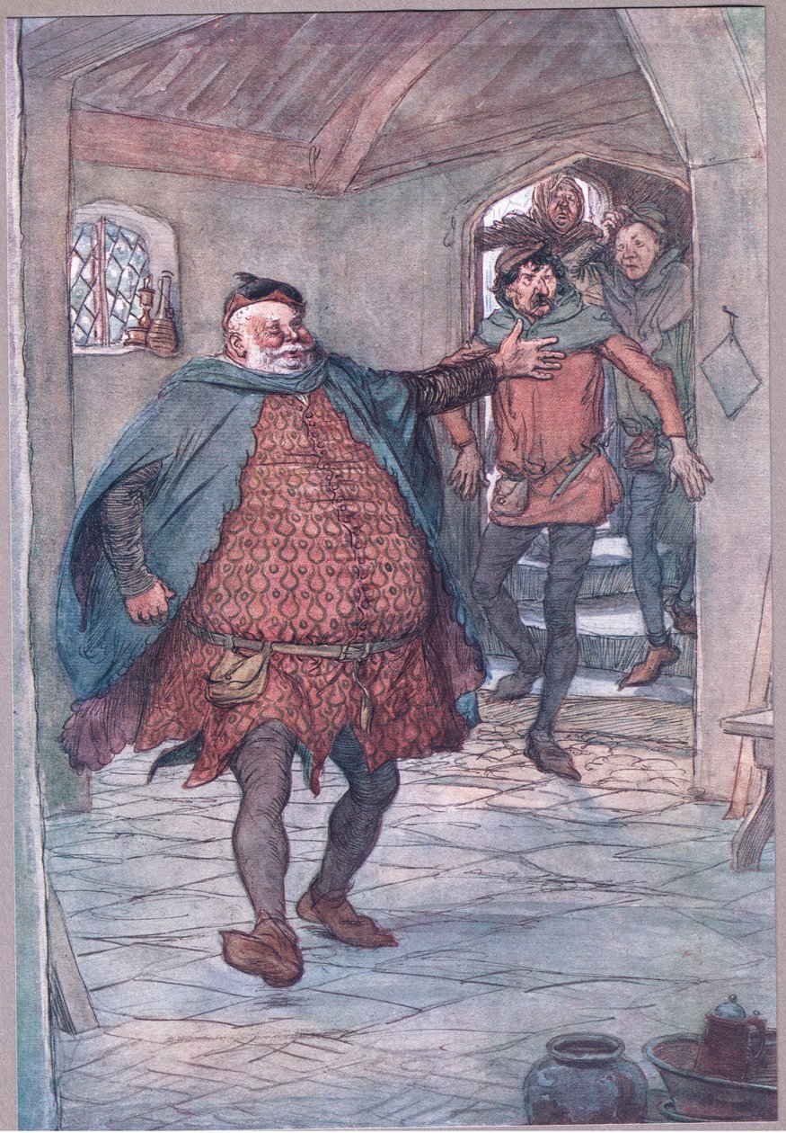 Enter Falstaff, pistool, Nym en Bardolph, illustratie uit The Merry Wives of Windsor, 1910 door Hugh Thomson