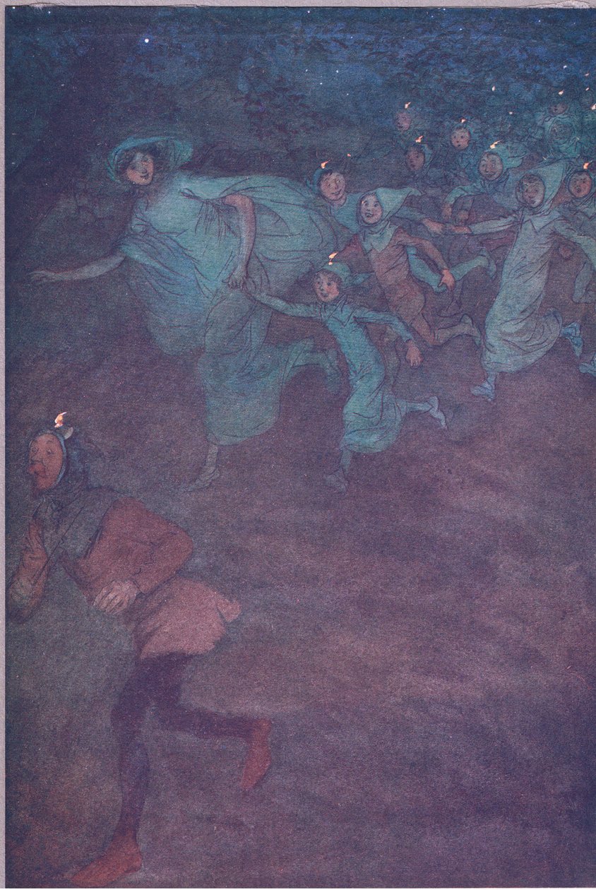 Enter Sir Hugh Evans, Anne Page en de anderen, illustratie uit The Merry Wives of Windsor, 1910 door Hugh Thomson